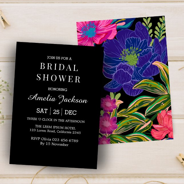 Watercolor floral botanical black bridal shower invitation (Creator Uploaded)