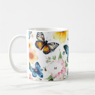 Watercolor floral botanical pattern monogrammed coffee mug
