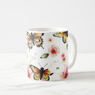 Watercolor floral botanical pattern monogrammed coffee mug