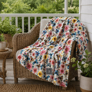 Watercolor floral botanical pattern monogrammed fleece blanket