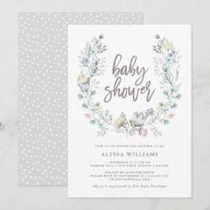Watercolor Floral Botanical Wreath Baby Shower Invitation