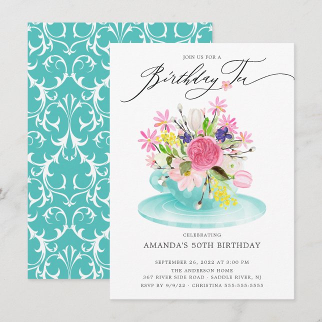 Watercolor Floral Bouquet Birthday Tea Invitation (Front/Back)
