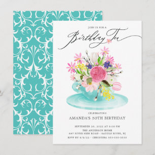 Watercolor Floral Bouquet Birthday Tea Invitation