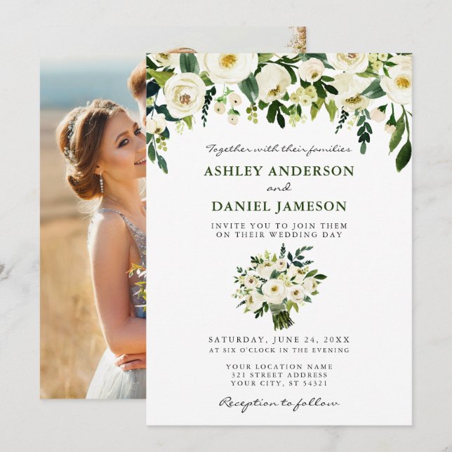 Watercolor Floral Bouquet Elegant Photo Wedding Invitation (Front/Back)