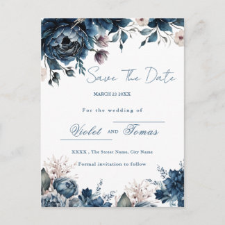 Watercolor floral bouquet navy blue Save The Date  Postcard