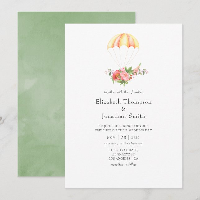 Watercolor Floral Bouquet Parachute Wedding Invitation (Front/Back)
