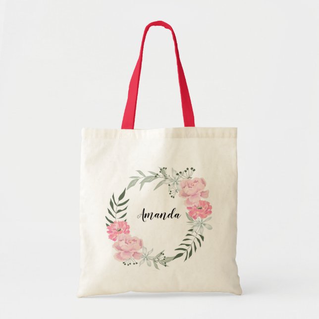 Watercolor floral bouquet ,personalized tote bag (Front)