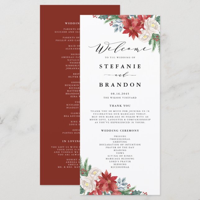 Watercolor Floral Bouquet Winter Wedding Ceremony Program (Front/Back)