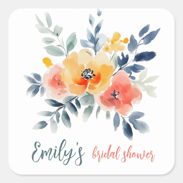 Watercolor Floral Bridal Shower Custom  Square Sticker (Front)