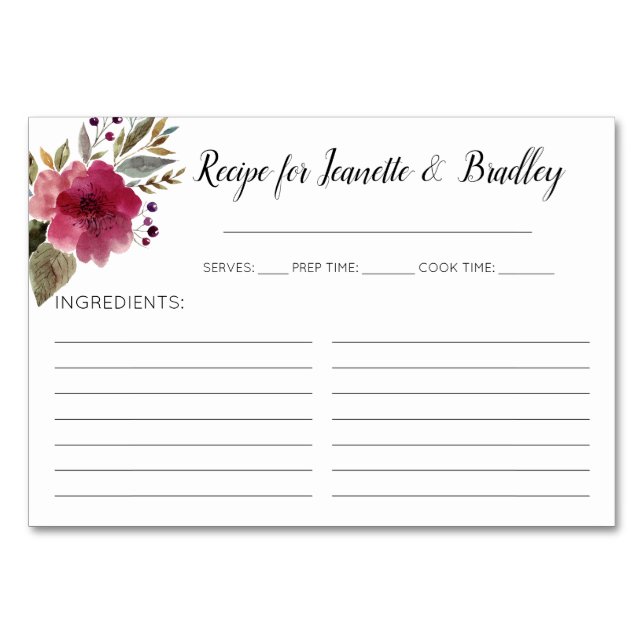 Watercolor Floral Bridal Shower Recipe Cards (Front)