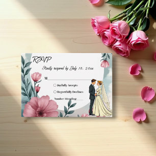 Watercolor Floral Bride And Groom Elegant Wedding RSVP Card