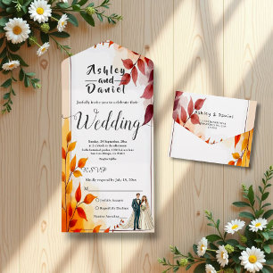 Watercolor Floral Bride And Groom Fall Wedding All In One Invitation