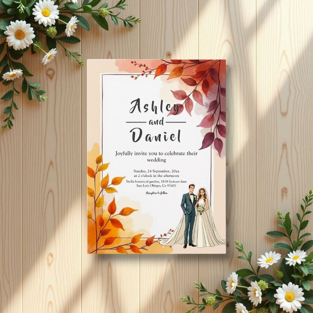 Watercolor Floral Bride And Groom Fall Wedding Invitation (Creator Uploaded)