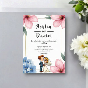 Watercolor Floral Bride And Groom Summer Wedding Invitation