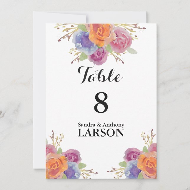 Watercolor Floral Bright Wedding Table Numbers (Front)