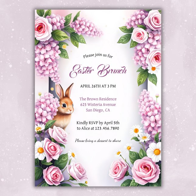 Watercolor Floral Bunny Easter Brunch Invitation (Elegant Floral Easter Brunch Invitation with Bunny)