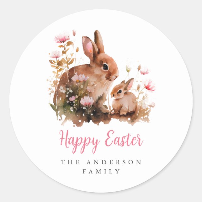 Watercolor Floral Bunny Easter Classic Round Sticker (Front)
