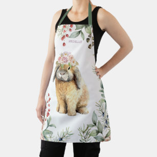 Watercolor Floral Bunny Rabbit Personalized Name Apron