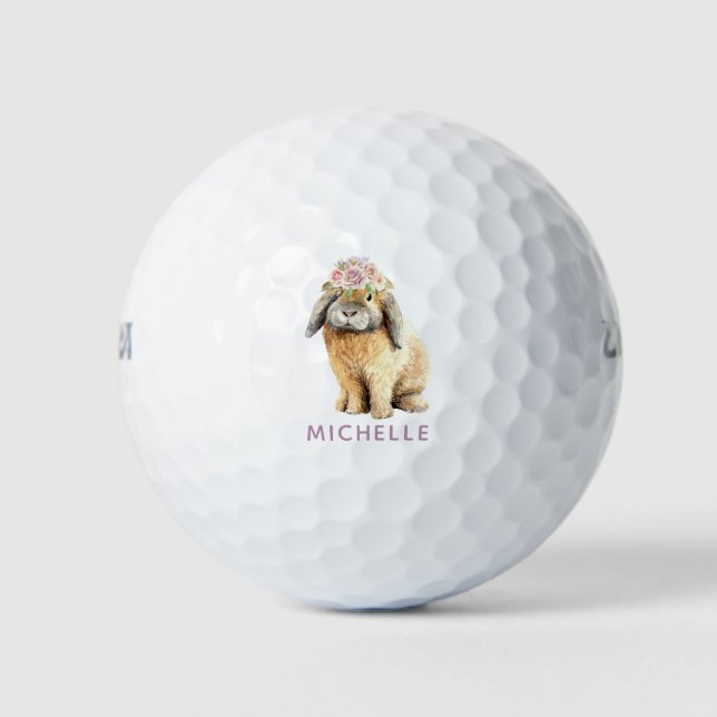 Watercolor Floral Bunny Rabbit Personalized Name Golf Balls (Front)