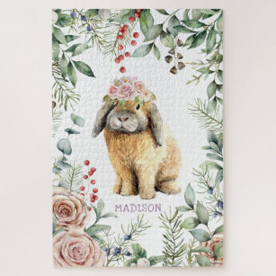 Watercolor Floral Bunny Rabbit Personalized Name Jigsaw Puzzle