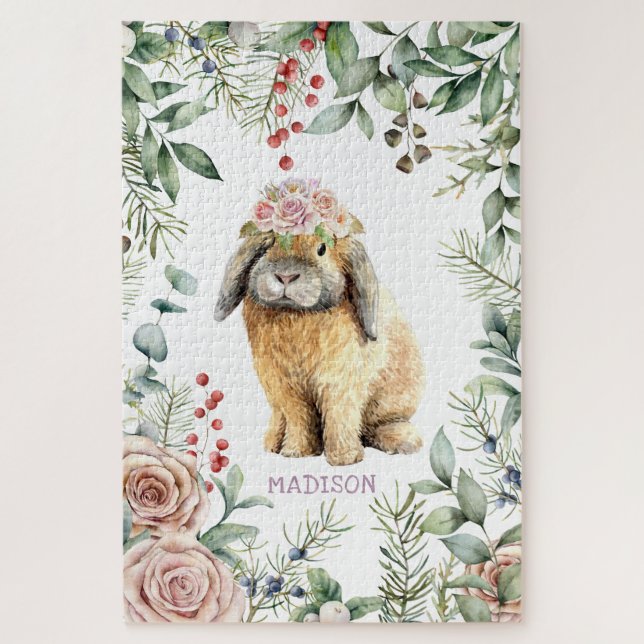 Watercolor Floral Bunny Rabbit Personalized Name Jigsaw Puzzle (Vertical)