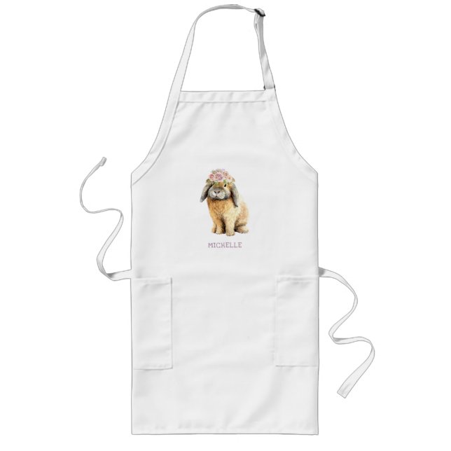 Watercolor Floral Bunny Rabbit Personalized Name Long Apron (Front)