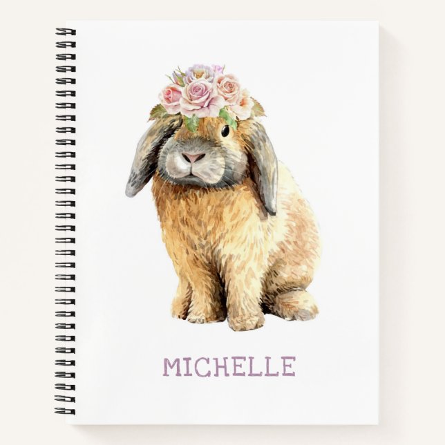Watercolor Floral Bunny Rabbit Personalized Name Notebook (Front)