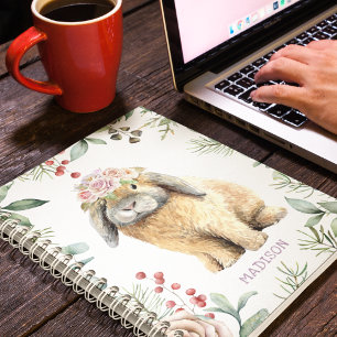 Watercolor Floral Bunny Rabbit Personalized Name Notebook