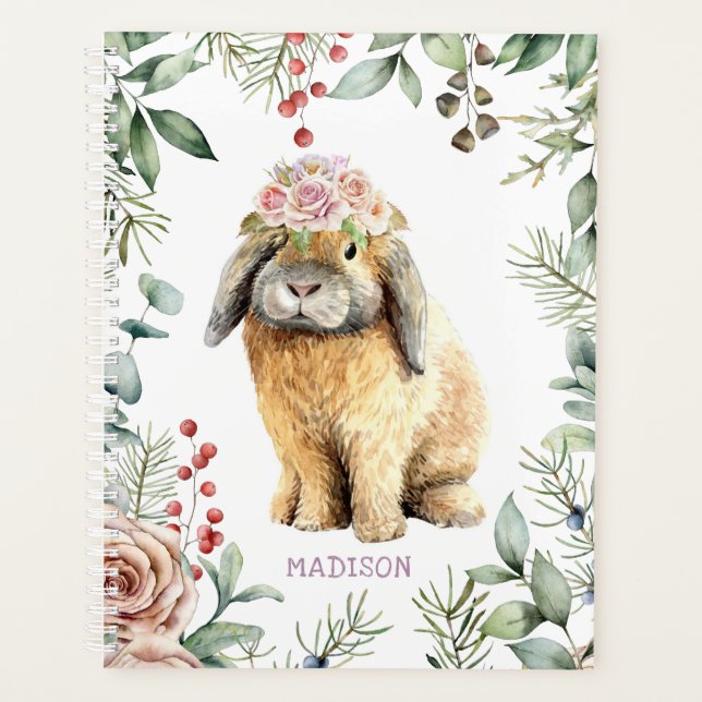 Watercolor Floral Bunny Rabbit Personalized Name Planner (Front)
