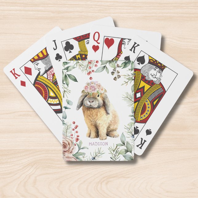 Watercolor Floral Bunny Rabbit Personalized Name Playing Cards (Creator Uploaded)