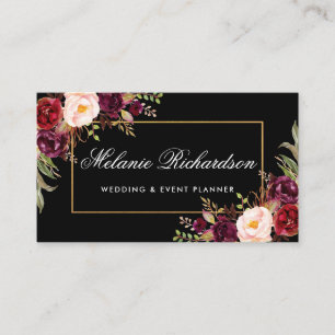 Watercolor Floral Burgundy Black Gold Business Card