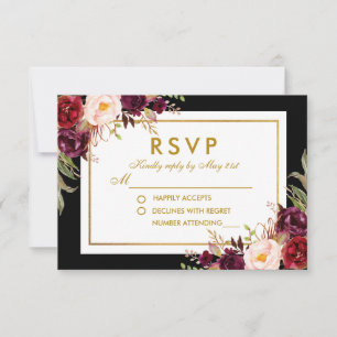 Watercolor Floral Burgundy Black Gold Wedding RSVP Card