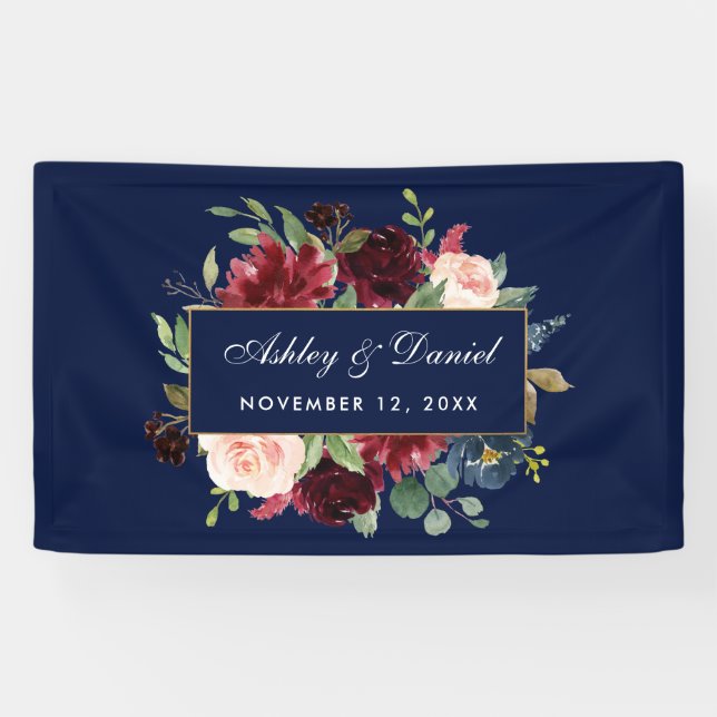 Watercolor Floral Burgundy Blue Gold Wedding Banner (Horizontal)