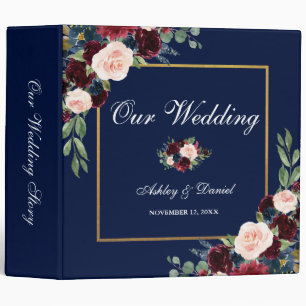 Watercolor Floral Burgundy Blue Gold Wedding Binder