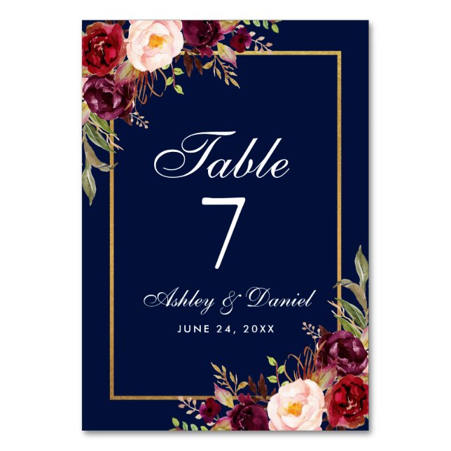 Watercolor Floral Burgundy Blue Gold Wedding Table Number (Front)