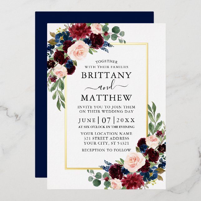 Watercolor Floral Burgundy Blue Wedding Gold (Front/Back)