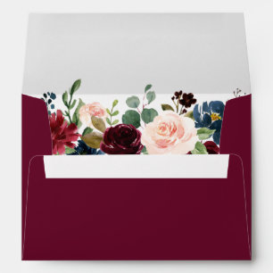 Watercolor Floral Burgundy Blue Wedding Invitation Envelope