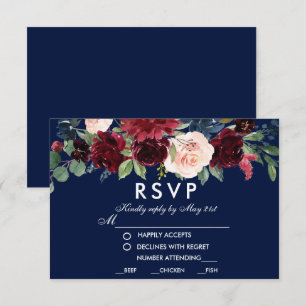 Watercolor Floral Burgundy Blue Wedding Meal RSVP Card