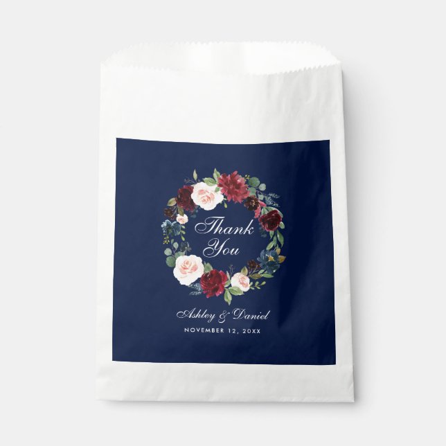 Watercolor Floral Burgundy Blue Wedding Thanks Favour Bag (Front)