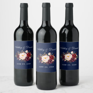 Watercolor Floral Burgundy Blue Wedding Wine Label