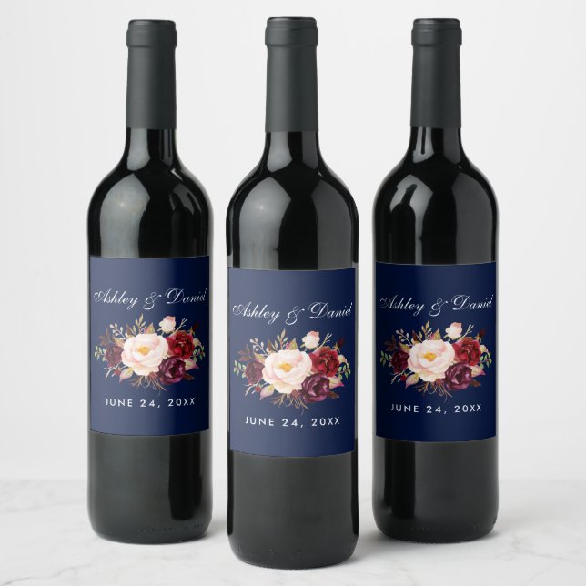 Watercolor Floral Burgundy Blue Wedding Wine Label (Bottles)