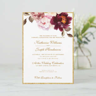 Watercolor Floral Burgundy Bouquet Romance Wedding Invitation
