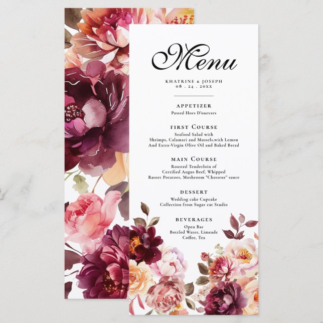 Watercolor Floral Burgundy Details Menu Wedding (Front/Back)