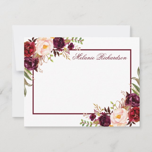 Watercolor Floral Burgundy Frame Personalized Card (Front)