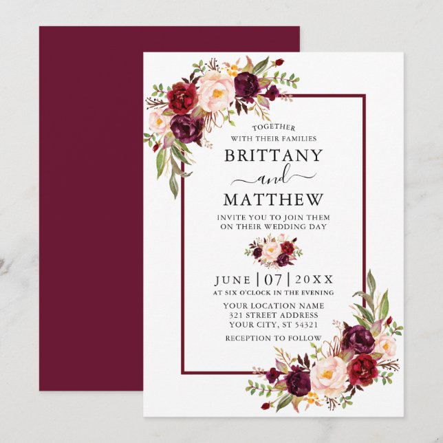 Watercolor Floral Burgundy Frame Wedding Invitation (Front/Back)