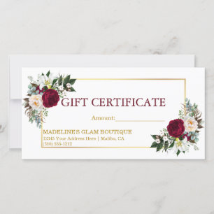 Watercolor Floral Burgundy Gold Gift Certificate