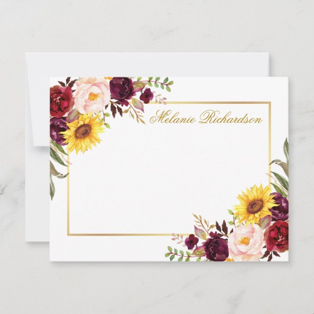 Watercolor Floral Burgundy Gold Personalized Card (Front)