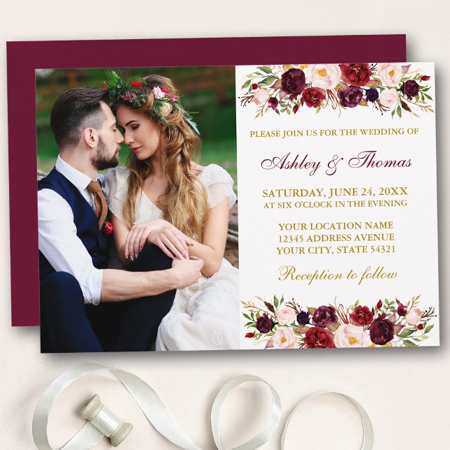 Watercolor Floral Burgundy Gold Photo Wedding Invitation (Customize to change text color, style, add text & photos to back or change color of back of card.)