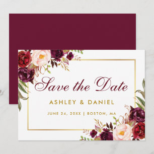 Watercolor Floral Burgundy Gold Save The Date BG