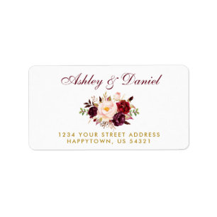 Watercolor Floral Burgundy Gold Wedding Address B Label